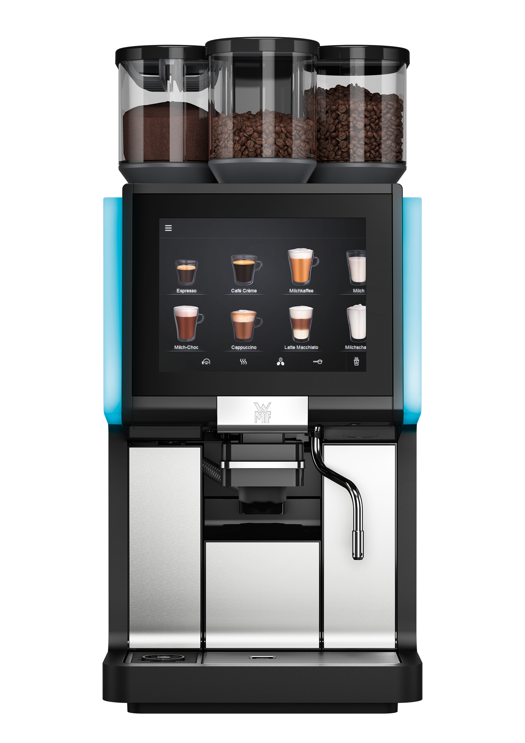 WMF 1500 S+, Easy Milk, 2 bean hoppers & 1 topping hopper Bean to cup